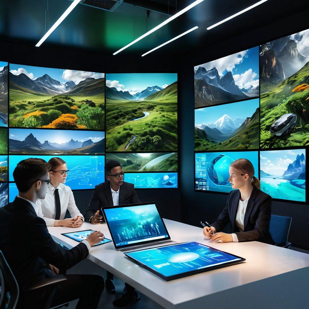 A futuristic landscape showcasing a group of diverse professionals collaboratively brainstorming and designing innovative applications, surrounded by holographic display screens of technological advancements. The scene should blend elements of nature and technology, symbolizing harmony between them. The color palette should be vibrant and inspiring, featuring soft blues, greens, and bright oranges. 3D elements should include digital graphs and code snippets interacting with the professionals. super-realistic. vibrant colors.