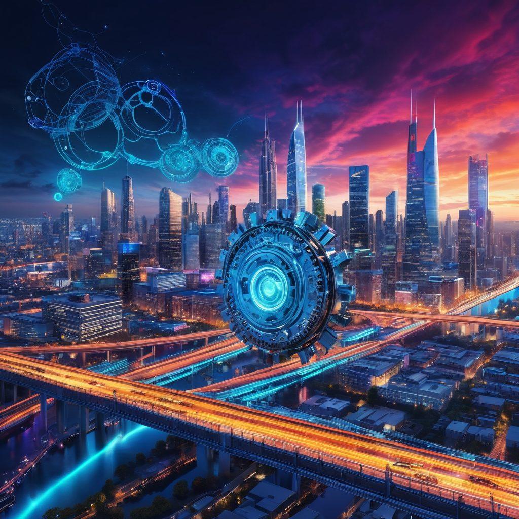 A dynamic fusion of modern technology tools, such as AI, cloud computing, and robotics, intertwined with elements symbolizing Tuano Solutions, like gears and circuits. Include vibrant colors to represent innovation, and a digital landscape as the background, showcasing a futuristic city skyline. Integrate abstract representations of data flowing seamlessly to demonstrate the impact of these technologies. super-realistic. vibrant colors. futuristic style.