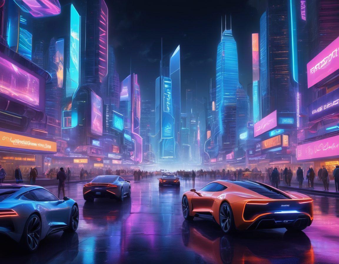 A futuristic city skyline illuminated by vibrant neon lights, showcasing advanced technology like flying cars and digital billboards. In the foreground, a diverse group of innovators collaboratively working on high-tech gadgets. Include elements that symbolize connectivity and innovation, like holograms or circuit patterns. The scene should evoke a sense of progress and collaboration in technology. super-realistic. vibrant colors.